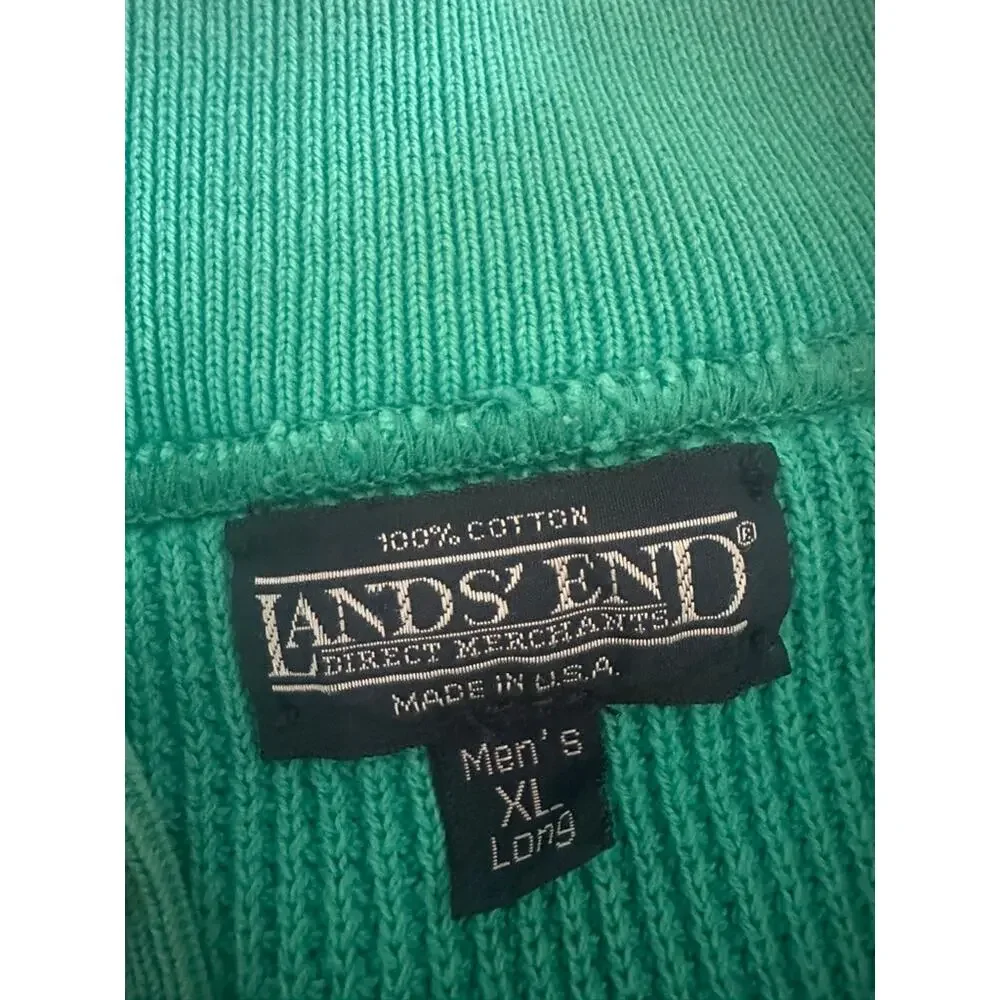Vintage 80s Lands End Made in USA Cotton Henley Sweater Emerald Green XL Long